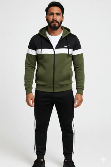 Three-Tone Black, White & Olive Hooded Tracksuit | Fleece Winter Set Pakistan