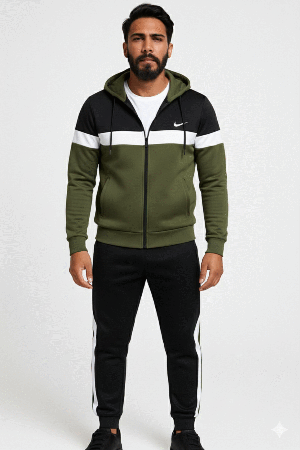 Three-Tone Black, White & Olive Hooded Tracksuit | Fleece Winter Set Pakistan