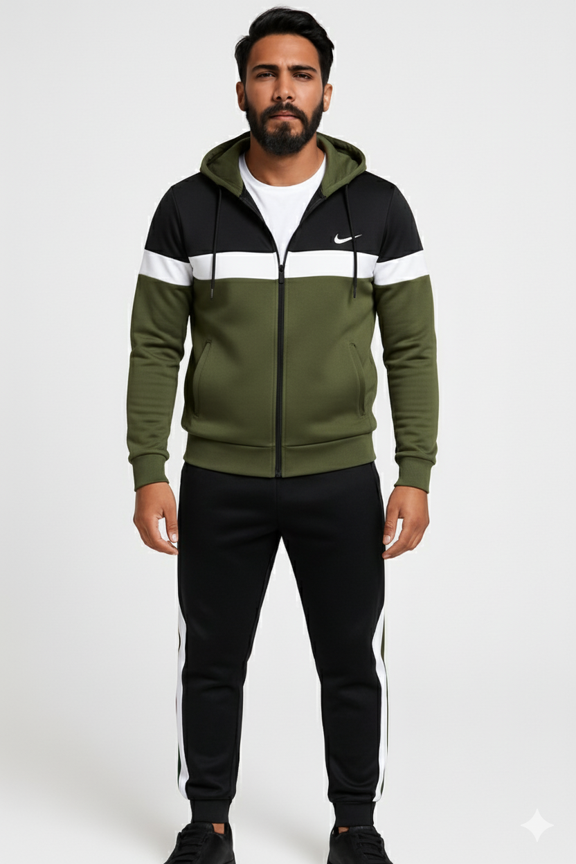 Three-Tone Black, White & Olive Hooded Tracksuit | Fleece Winter Set Pakistan